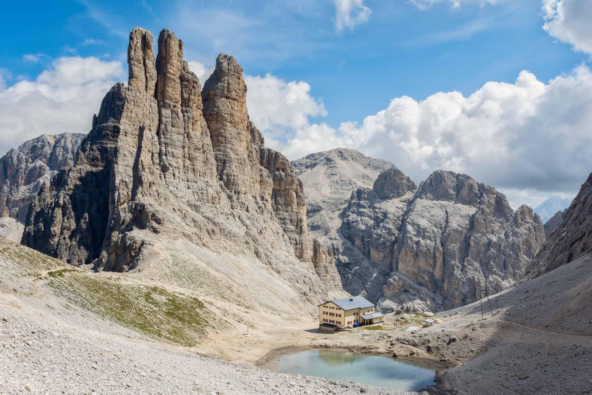Rifugio Re Alberto and the Vajolet Towers (Torri Vajolet), Dolomites, Italy on a beautiful summer day